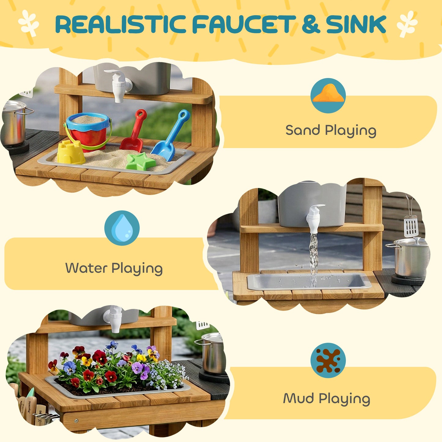 Wooden Mud Kitchen with Wheels, Stove, Faucet, Flower Pots