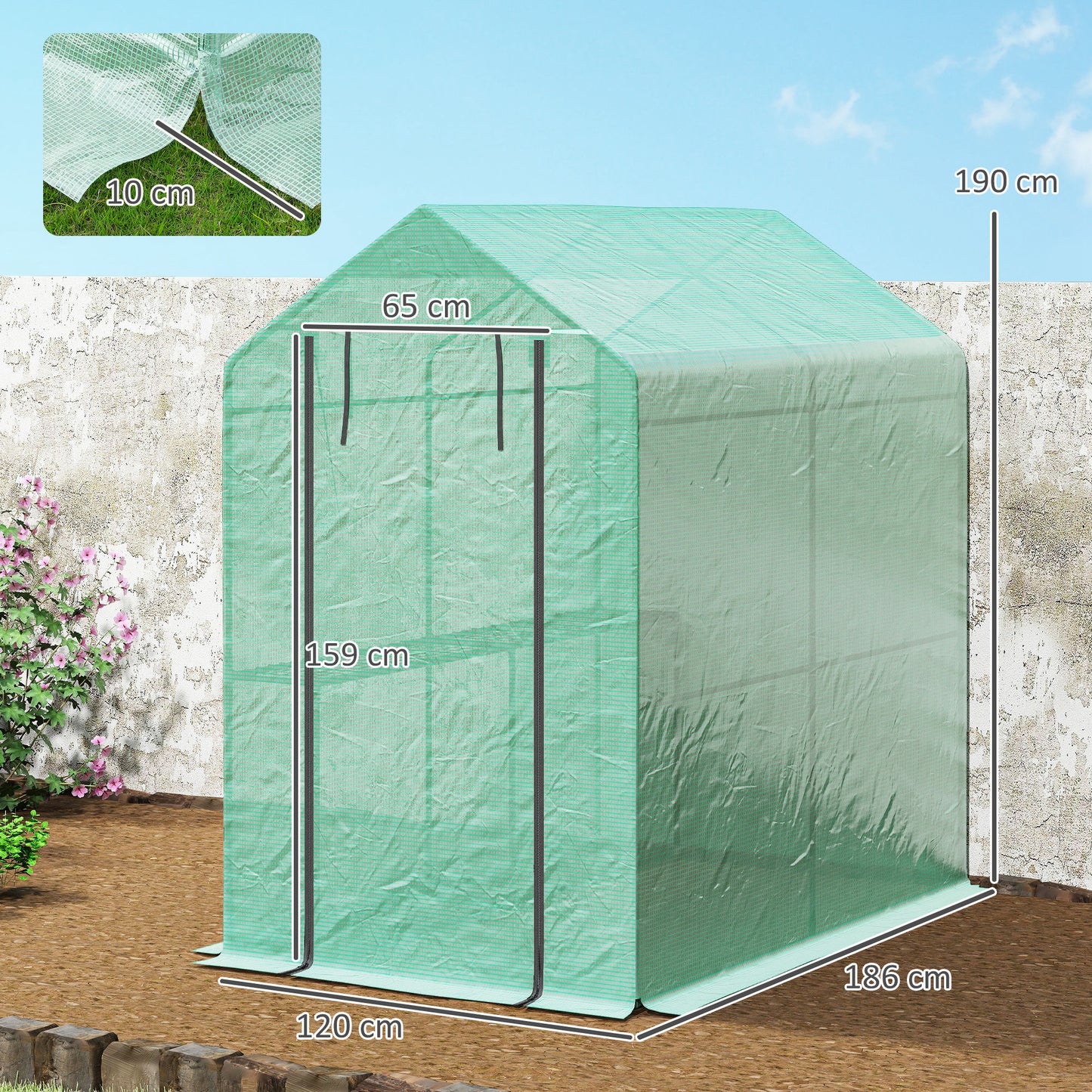 120 x 186cm Walk-In Greenhouse, with Shelves