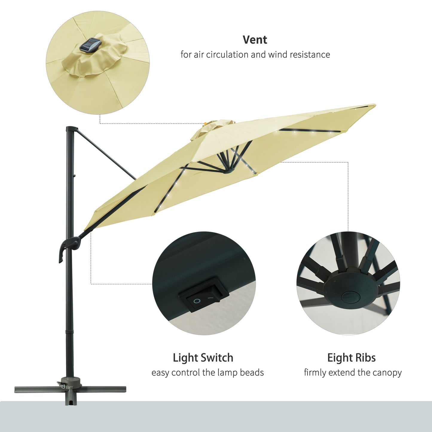 3(m) LED Cantilever Parasol Garden Sun Umbrella w/ Base