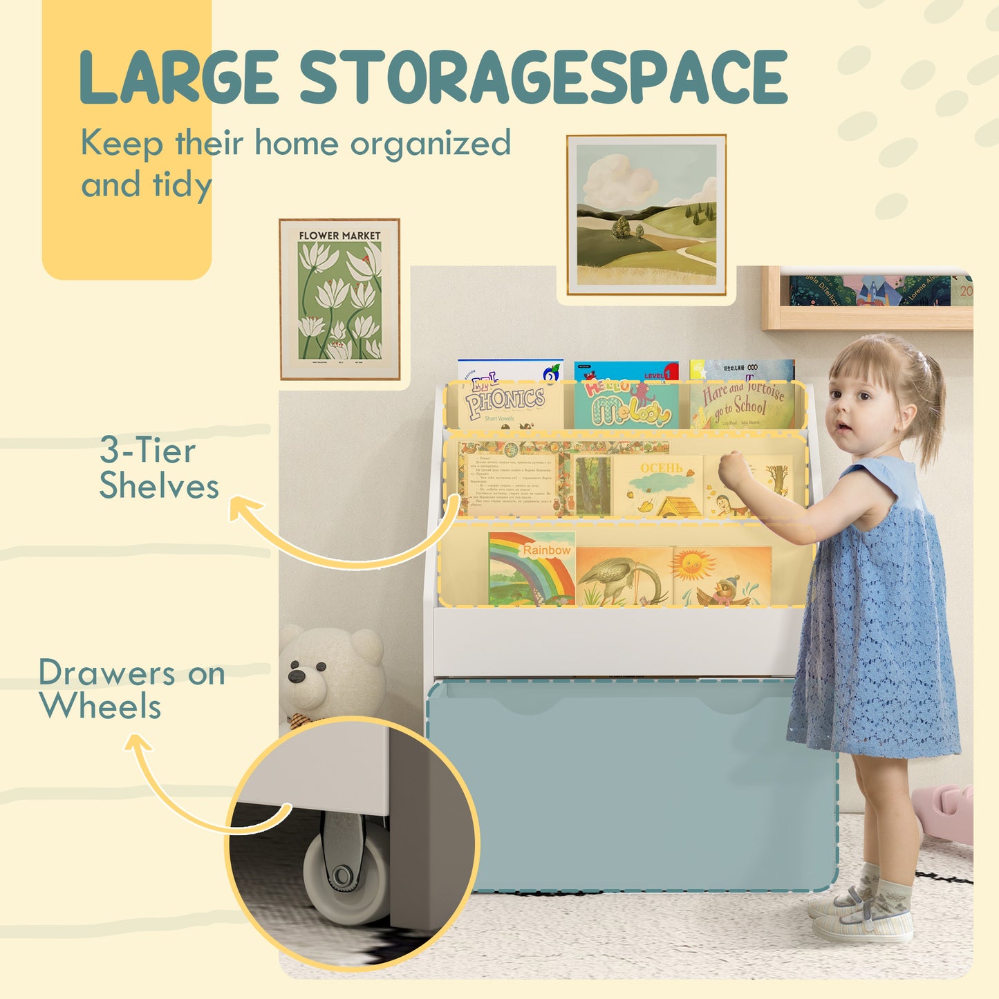 Bookcase for Kids with Shelves, Drawer, Bookcase for Bedroom, Playroom