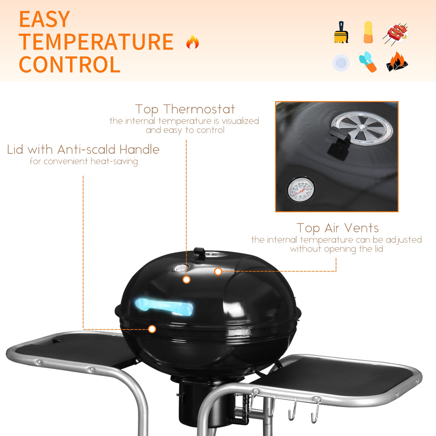 Portable Charcoal Kettle Grill Outdoor Barbecue Trolley BBQ Heat
