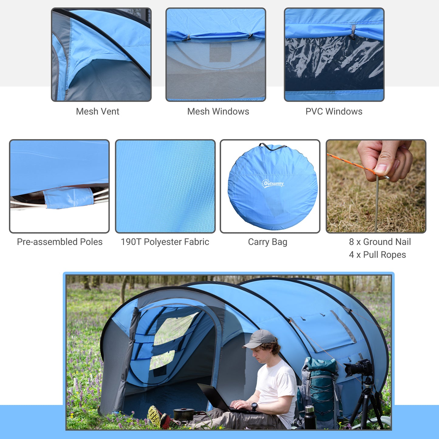 4 Person Pop-up Camping Tent Family Tent with Ground Sheet