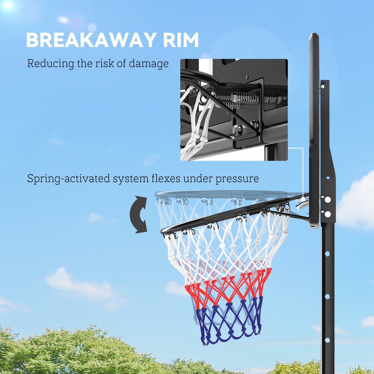 2.3-3.05m Basketball Hoop and Stand, with Weighted Base, Wheels