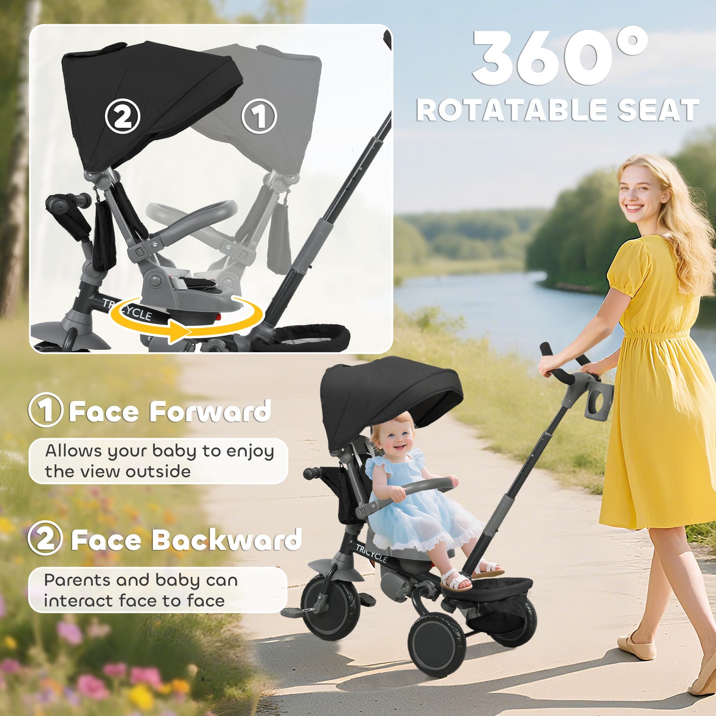 6 in 1 Foldable Kids Trike with Adjustable Parent Handle & Canopy