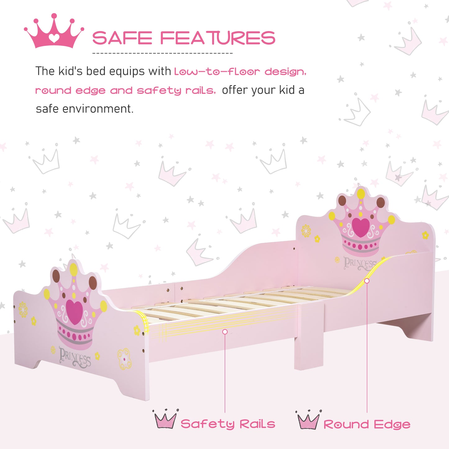 Kids Toddler Bed Princess Crown Theme Safety Side Rails Slats Home