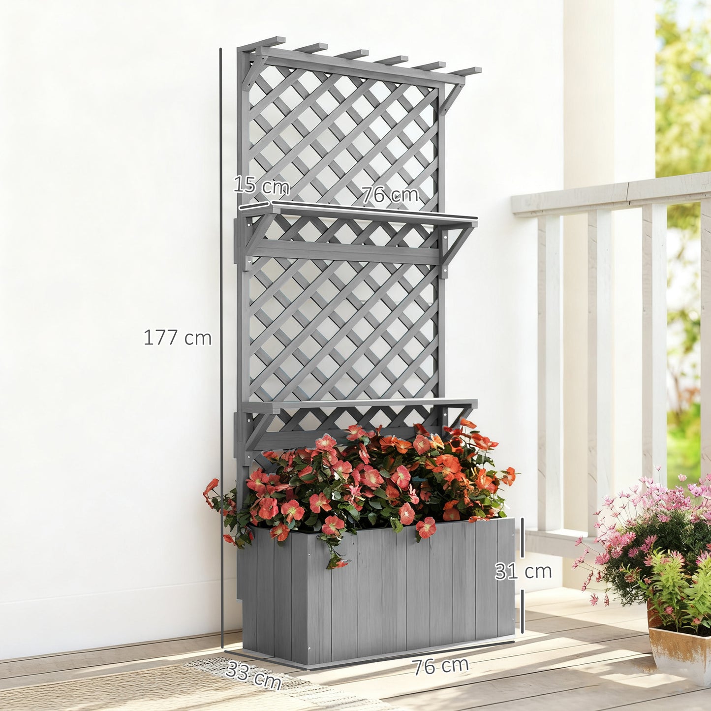 52L Wooden Planter, with Trellis and Shelves