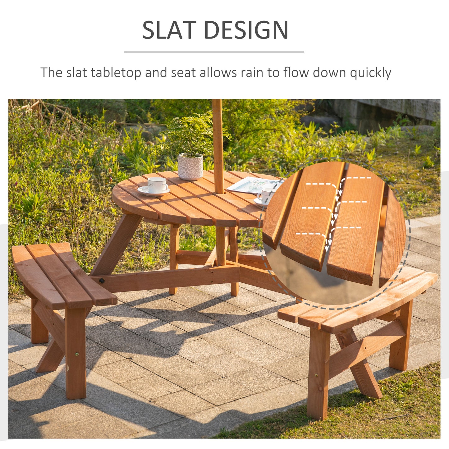 Wooden Garden Dining Set, 6 Seater Round Dining Picnic Table