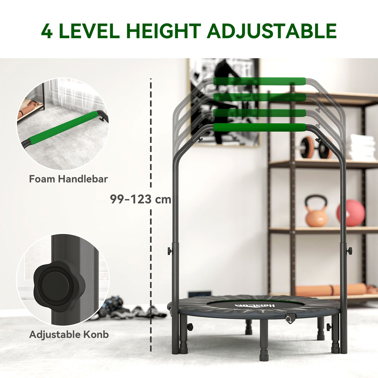 40" Foldable Mini Fitness Trampoline, with Adjustable Foam Handle