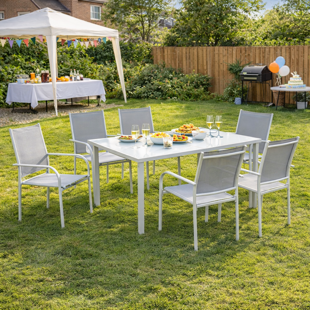 7 Piece Garden Dining Set, Outdoor Table and 6 Stackable Chairs