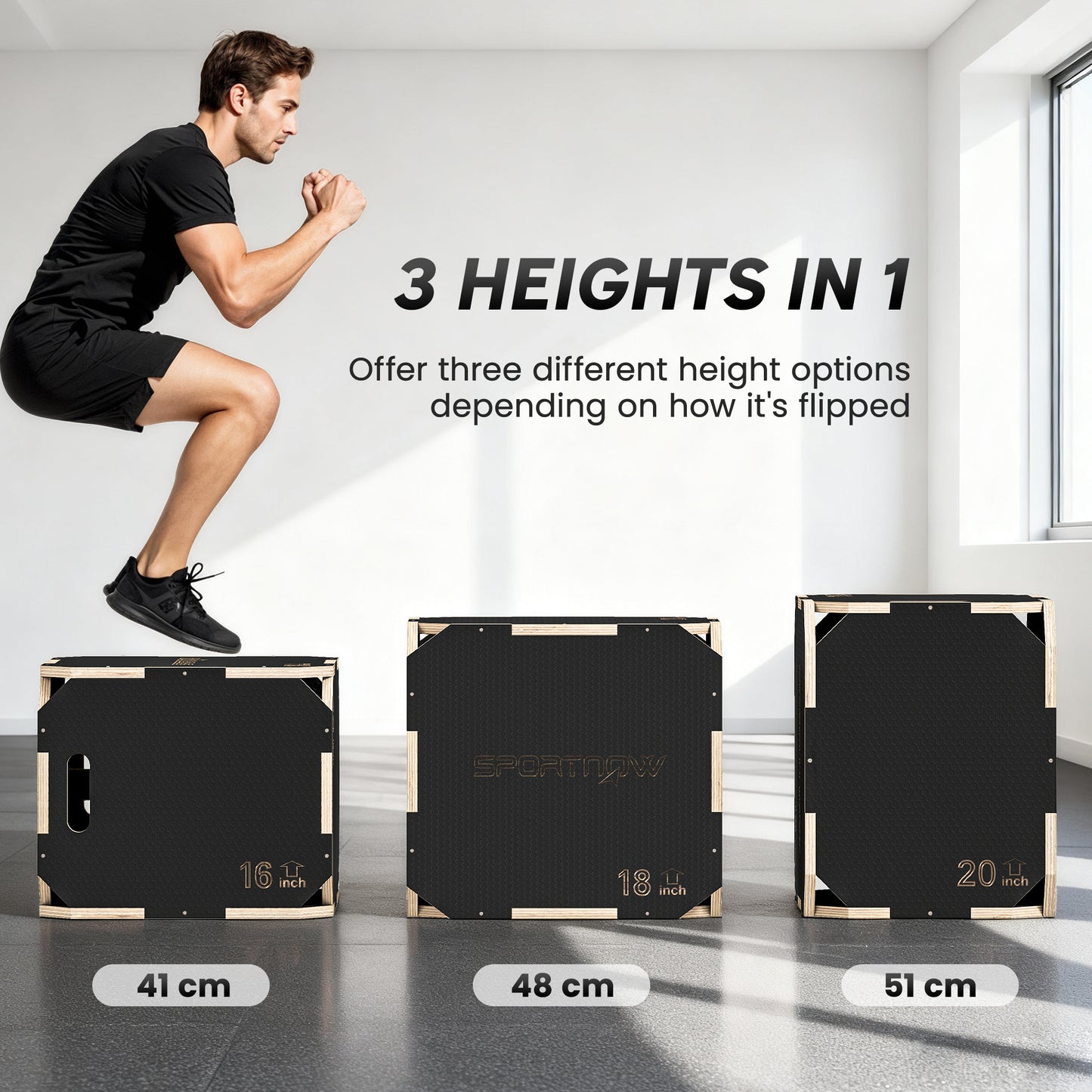 Non-Slip Plyo Box, Corner-free Wooden Jump Box, 41 x 51 x 48 cm