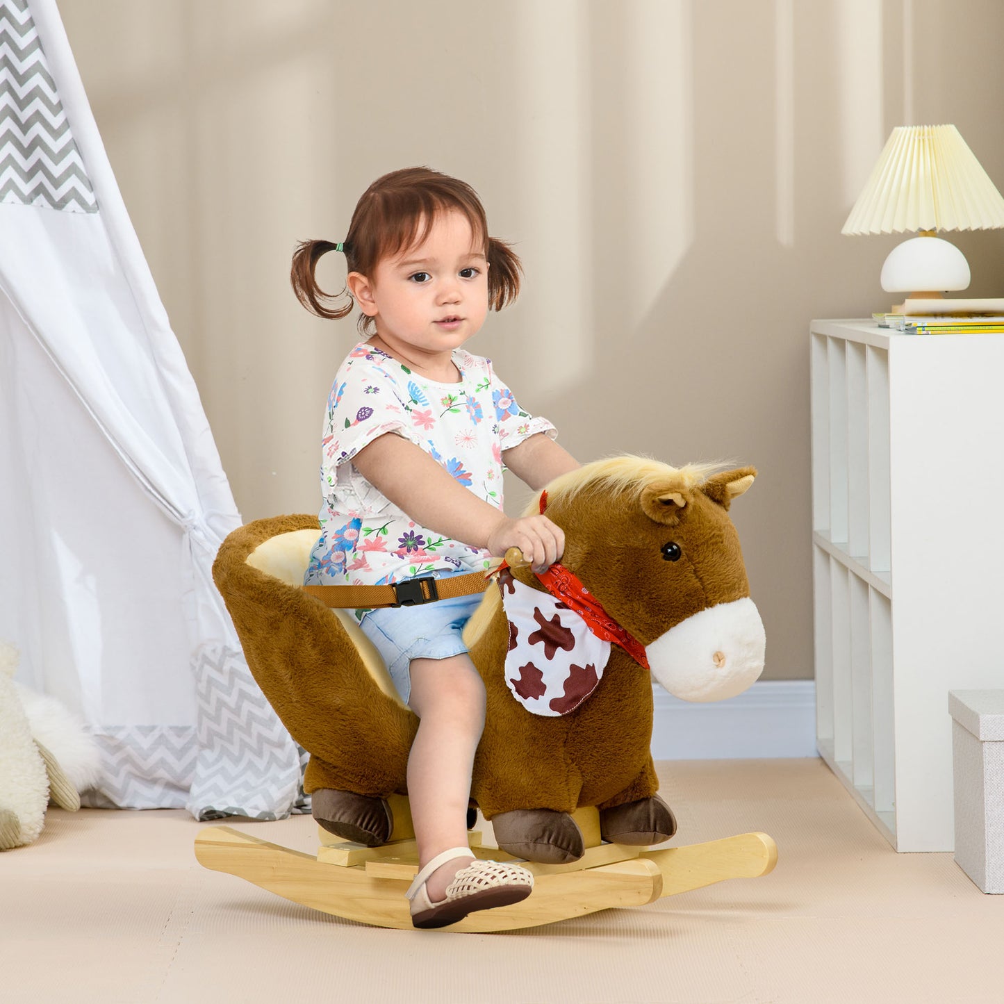 Kids Rocking Horse, with Secure Harness, Sounds, Foot Pedals
