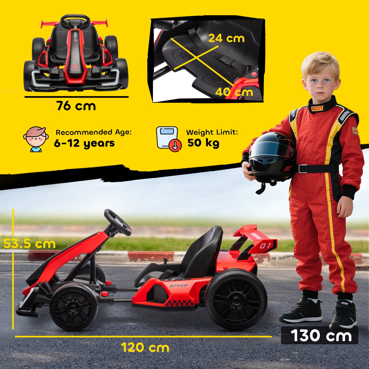 24V Electric Go Kart for Kids with Adjustable Seat for 6-12 Years