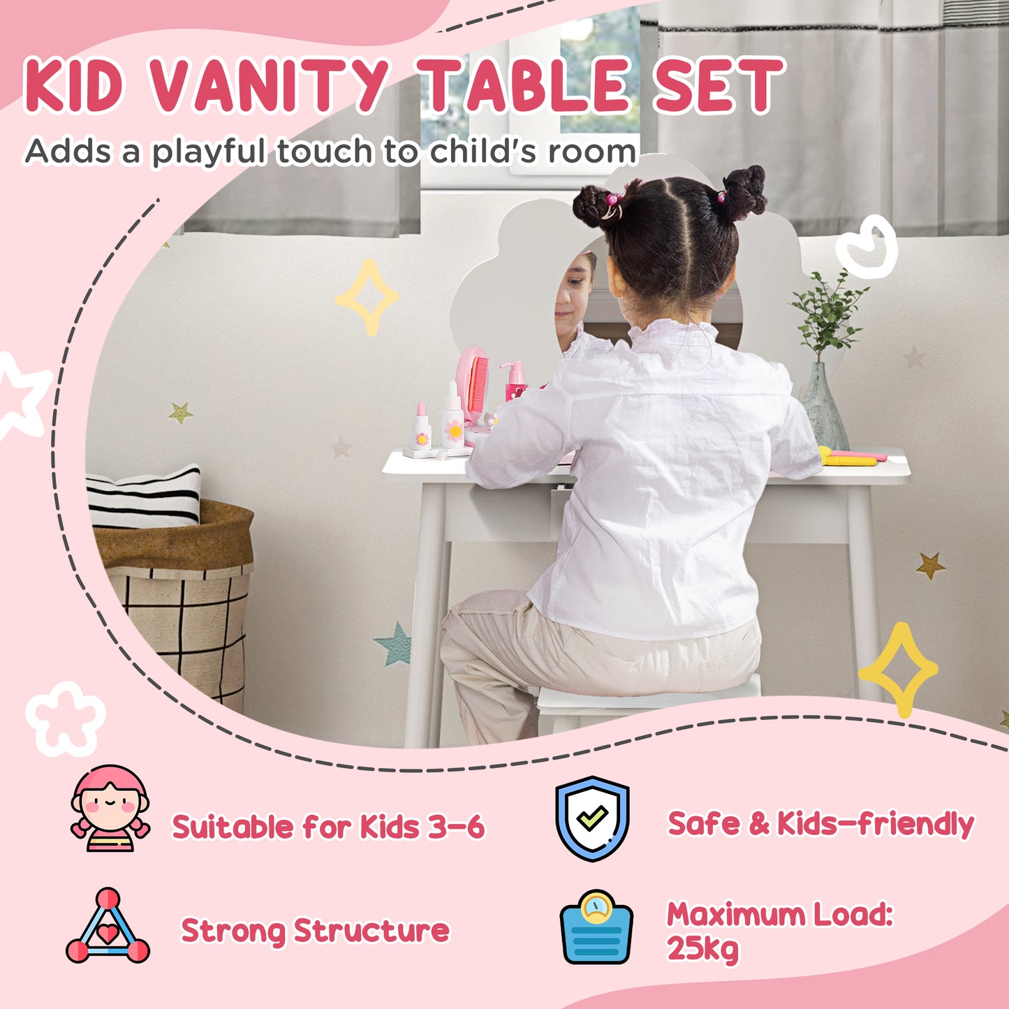 Kids Dressing Table with Mirror, Stool, Drawer, Cloud Design