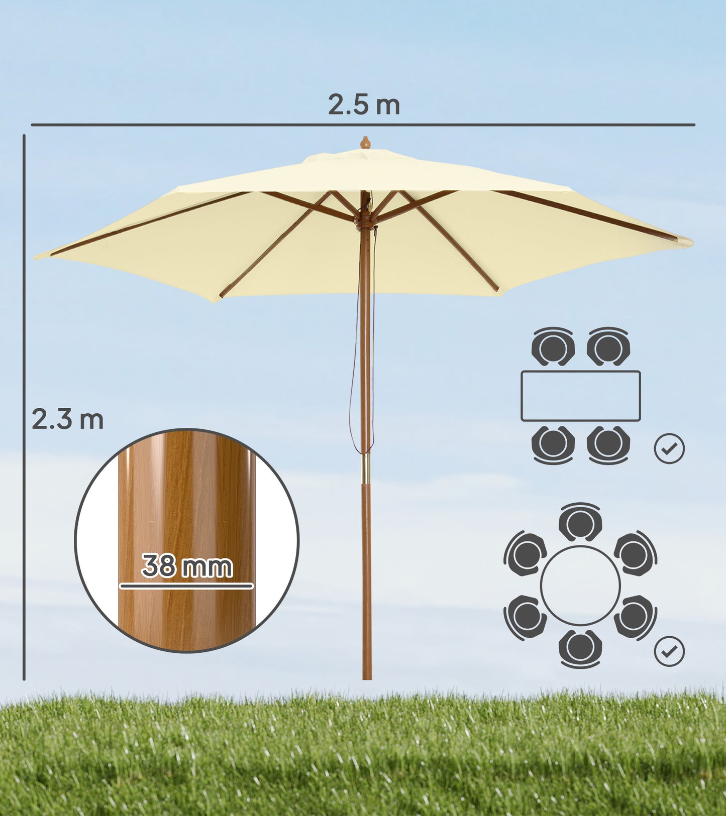 2.5m Wood Garden Parasol Sun Shade Patio Outdoor Wooden Umbrella