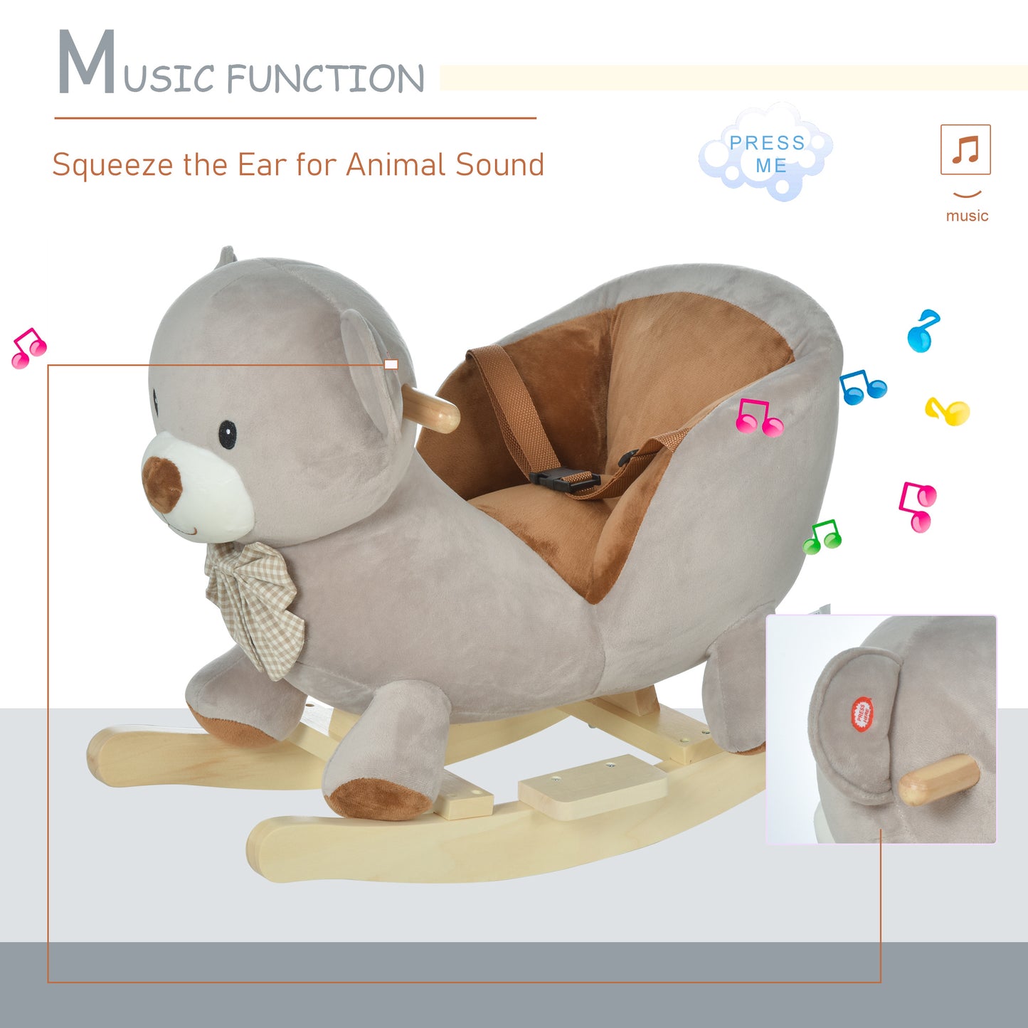 Kids Children Rocking Horse Plush Ride On Bear Seat w/ Sound Wood