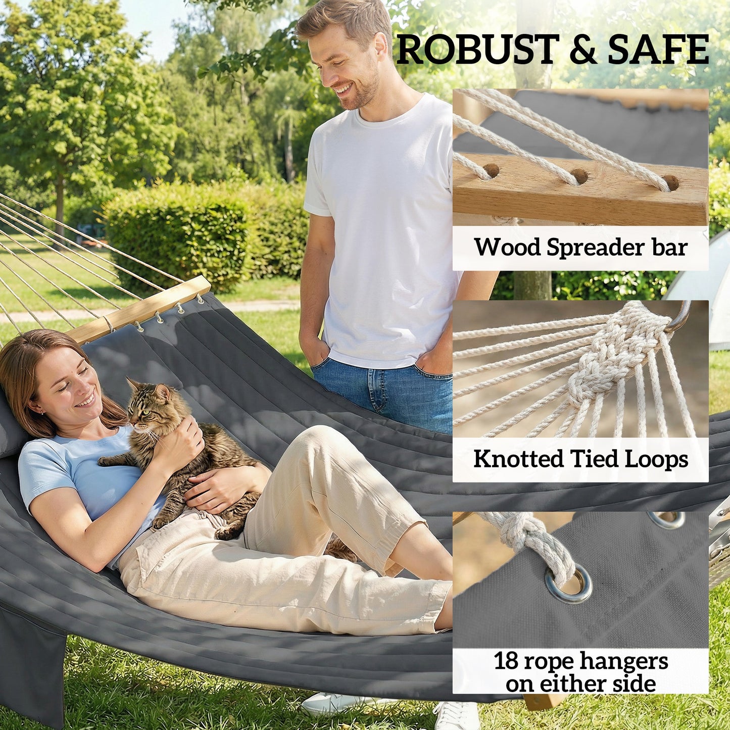 Double Hammock 2 Person Swing Bed with Spreader Bars, Pillows, Pad