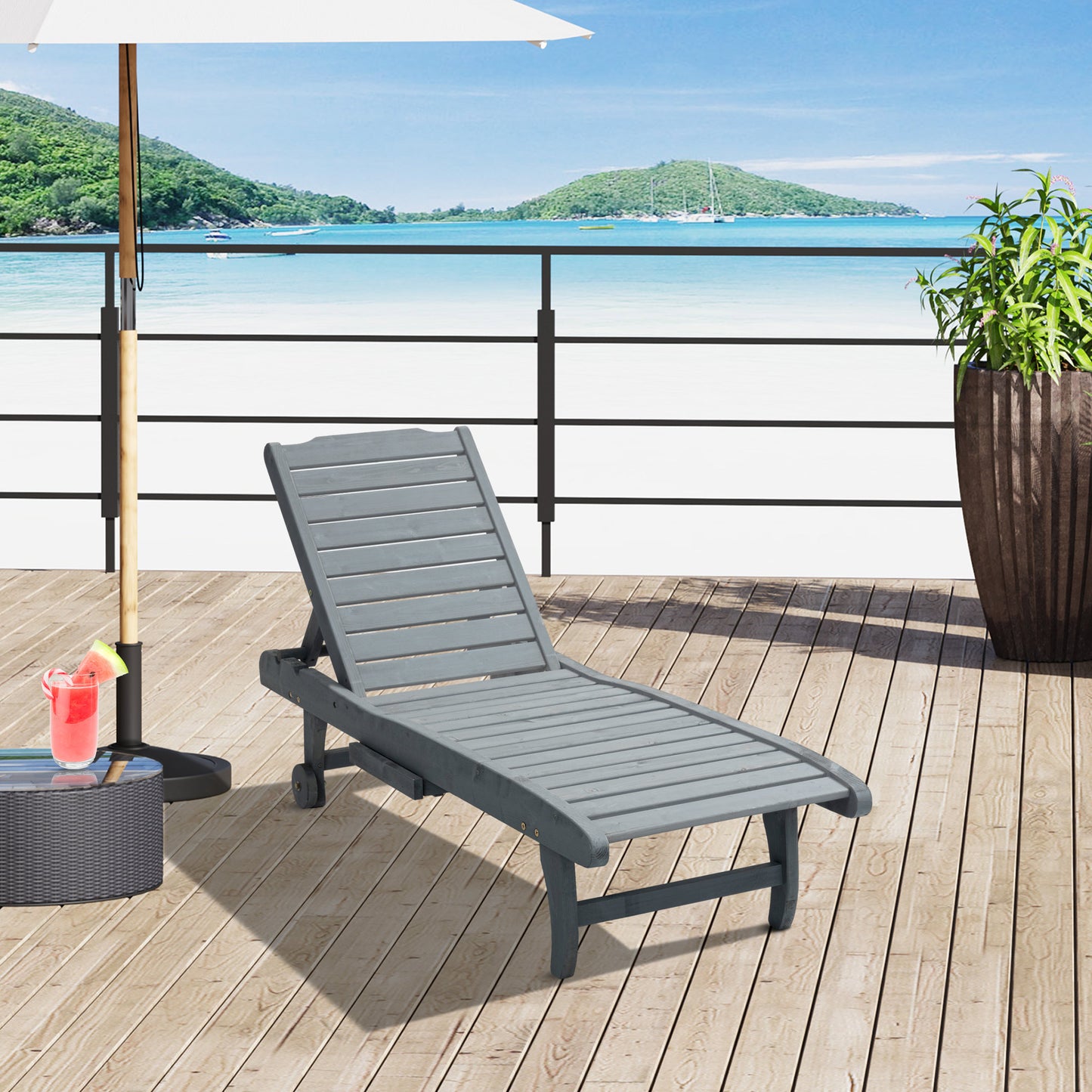 Garden Patio Sun Lounger, Outdoor Wooden Sun Bed with Built-In Table