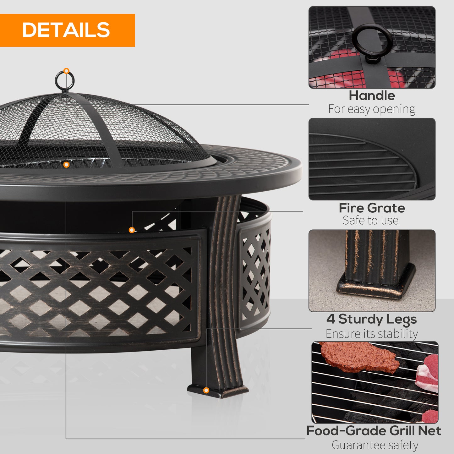 Outdoor Fire Pit, Firepit with Grill Net, Mesh Lid, Poker