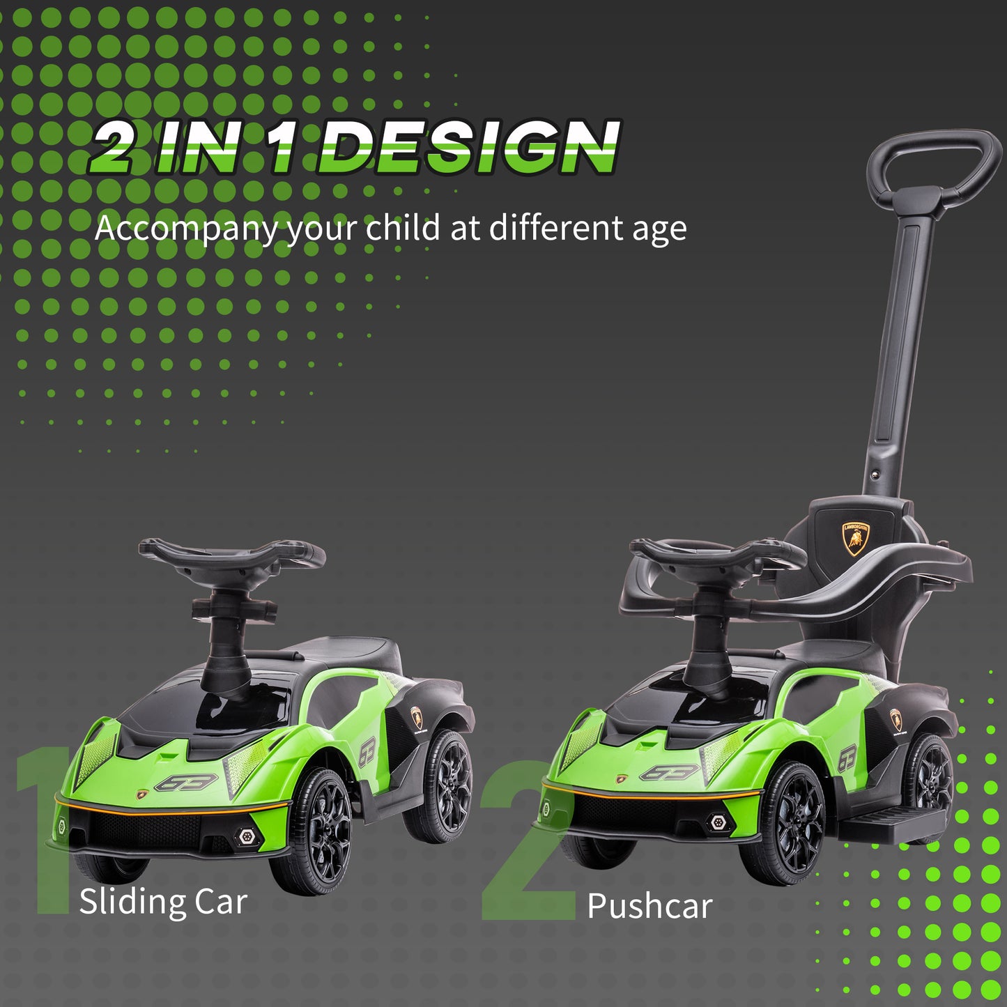 Kids 2-In-1 Lamborghini Ride-On and Stroller, with Horn