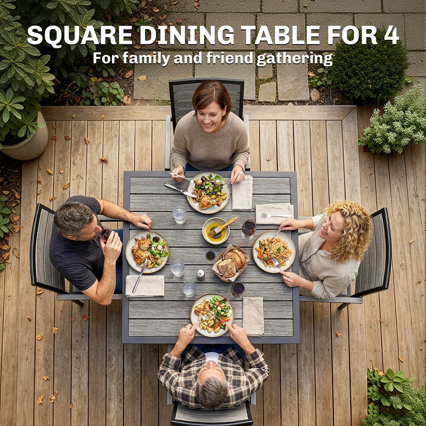 Square Garden Dining Table with Parasol Hole, Slatted Top