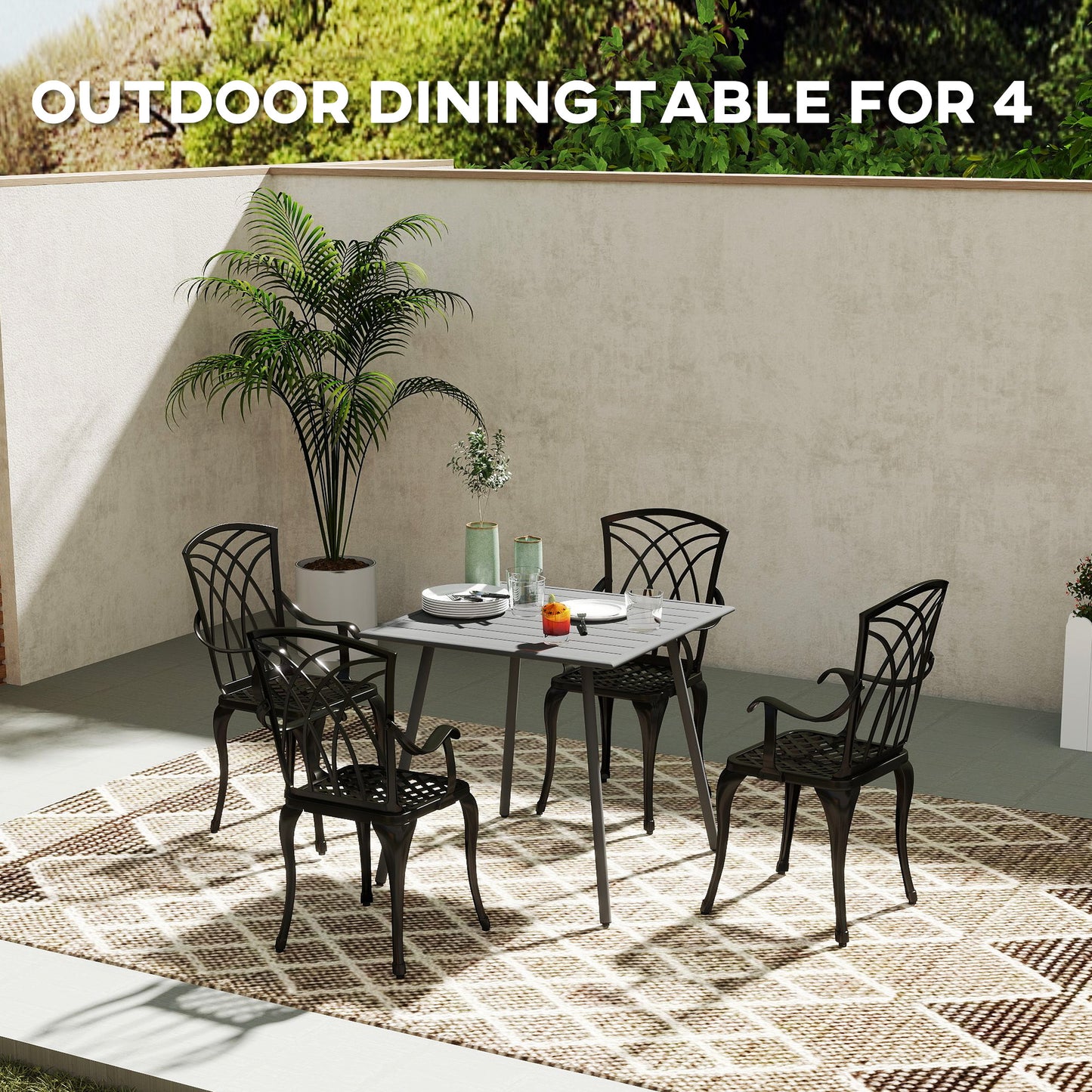 Square Garden Table with Slat Top, Steel Frame