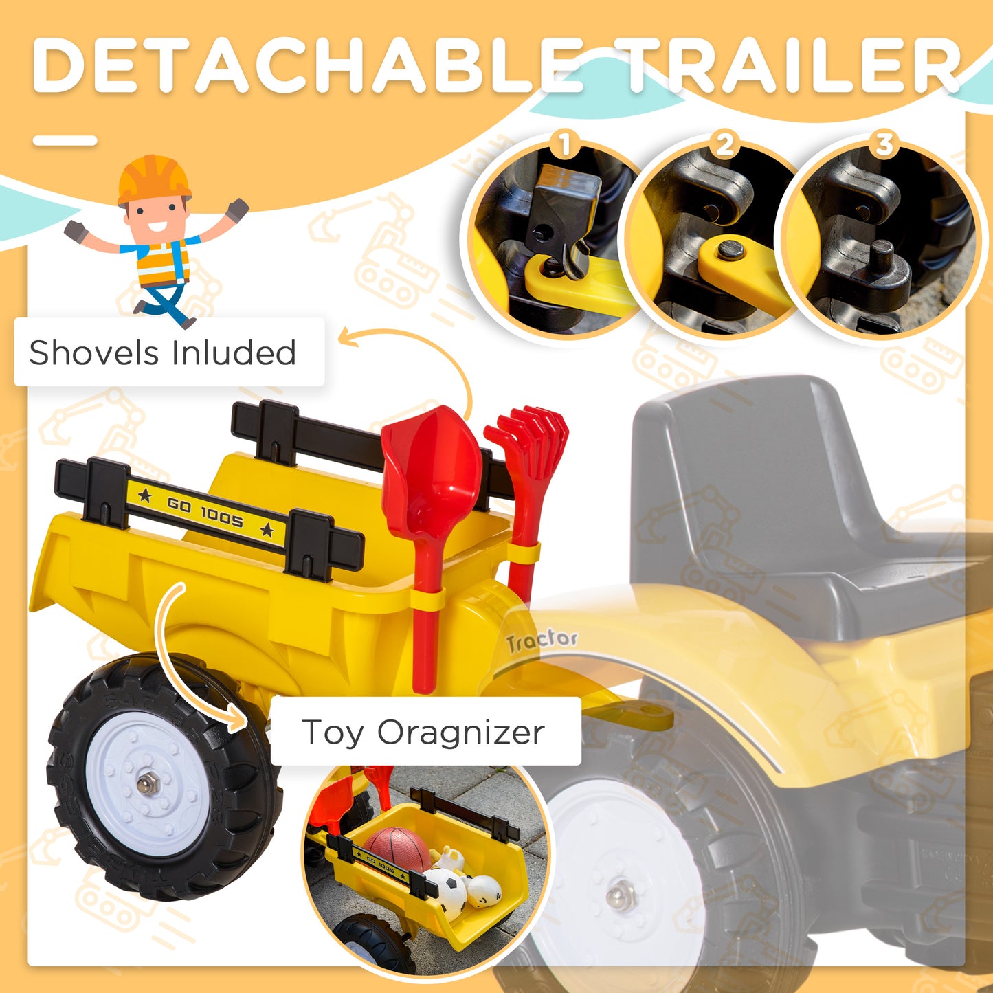 Kids Ride-On Construction Car, with Horn and Detachable Trailer