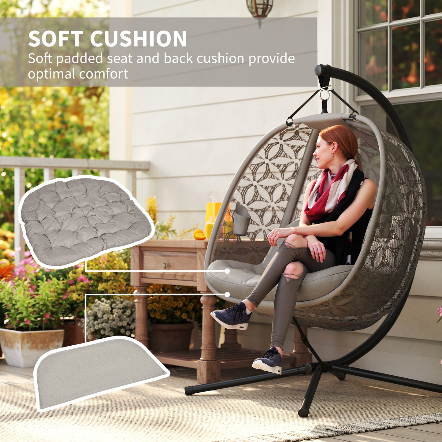 Outdoor Double Hanging Chair with Cushion and Cup Holders