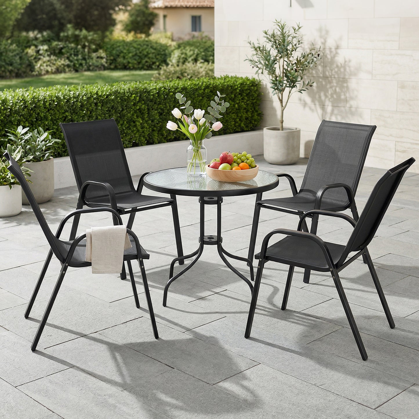 Five-Piece Steel Patio Set, with Glass-Top Table
