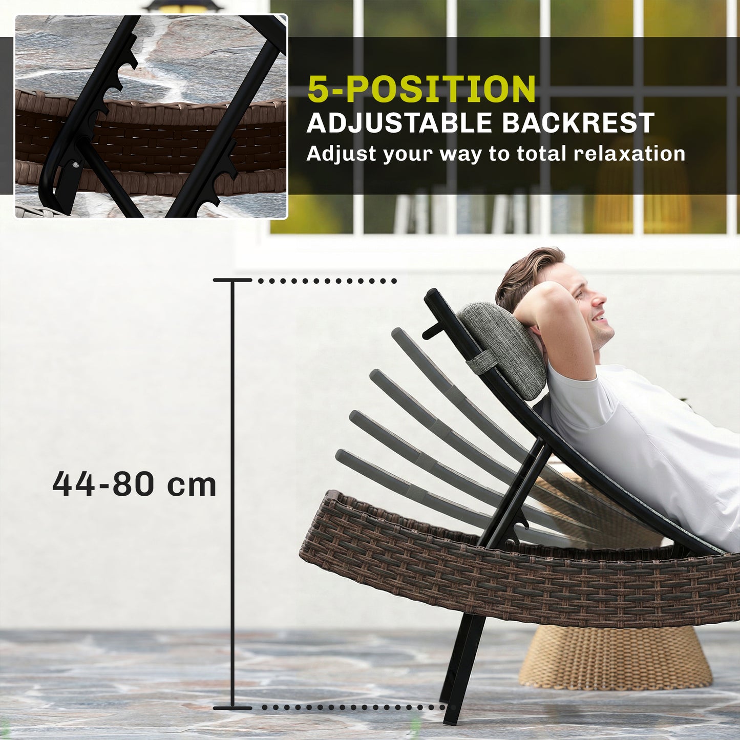 Rattan Sun Lounger, Garden Recliner with 5 Position Adjustable Back