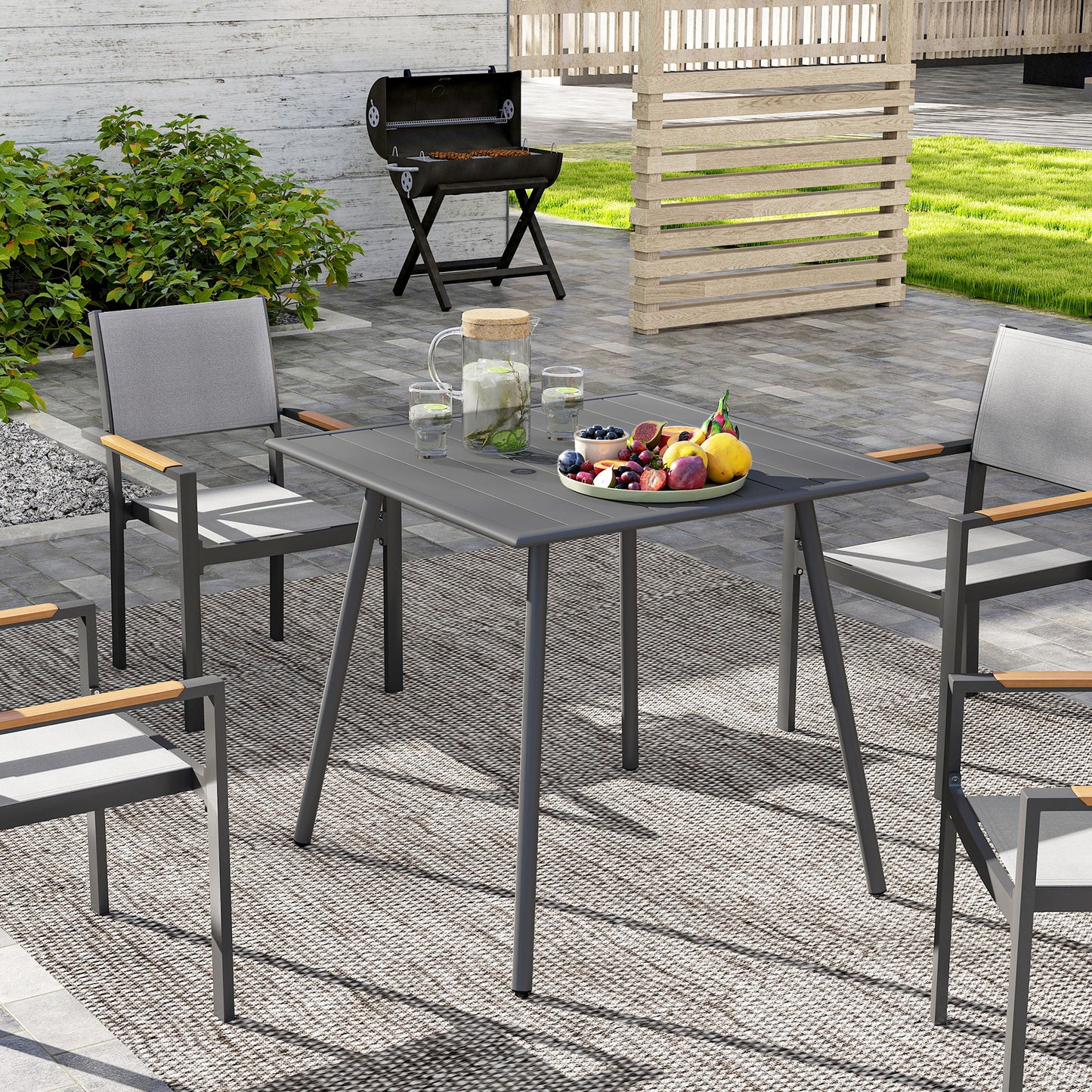 Square Garden Table with Slat Top, Steel Frame