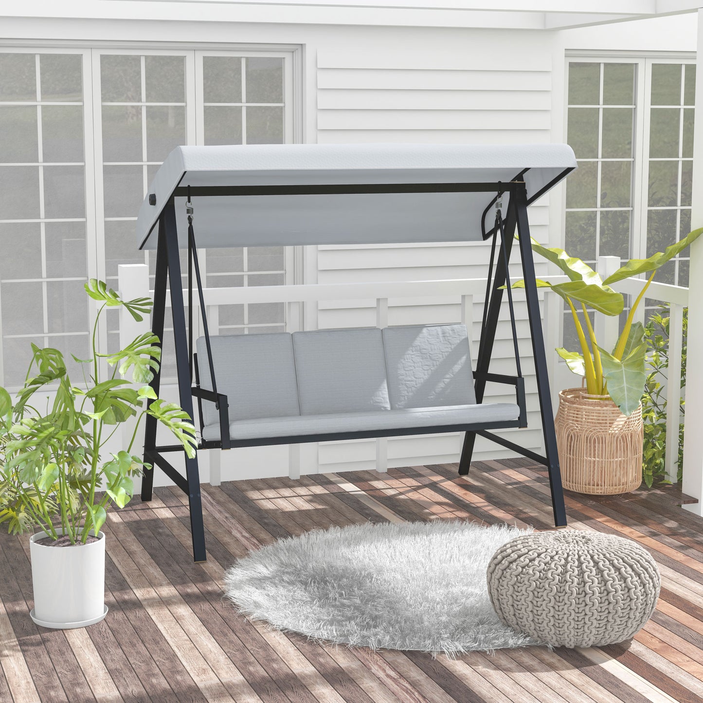 Three-Seat Garden Swing Chair, with Adjustable Canopy