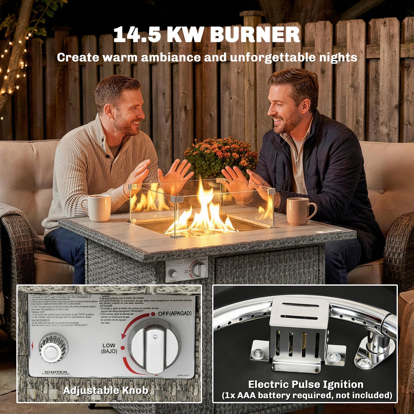 14.5 KW Rattan Gas Fire Pit Dining Table with Rain Cover, Wind Guard