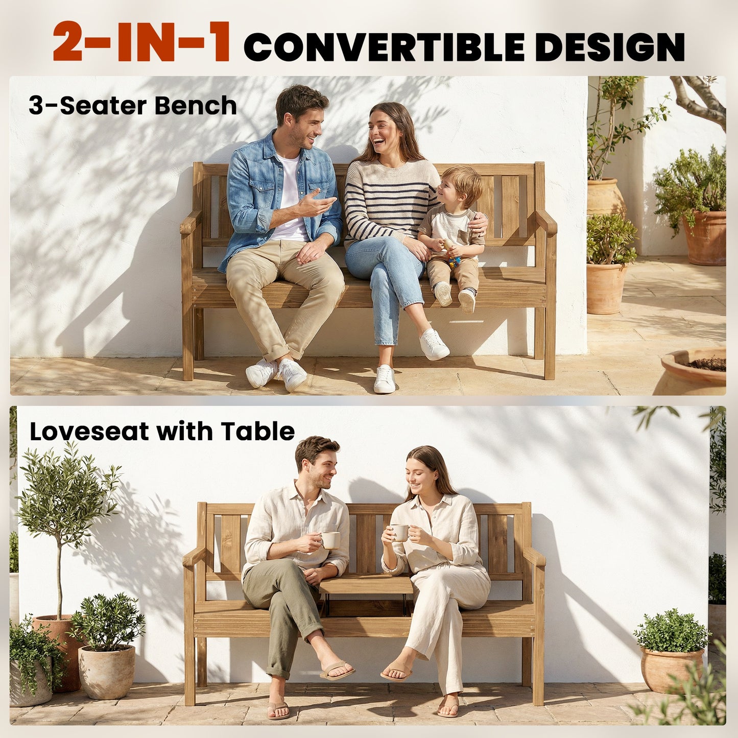 Wooden Garden Bench with Liftable Table & Shelf