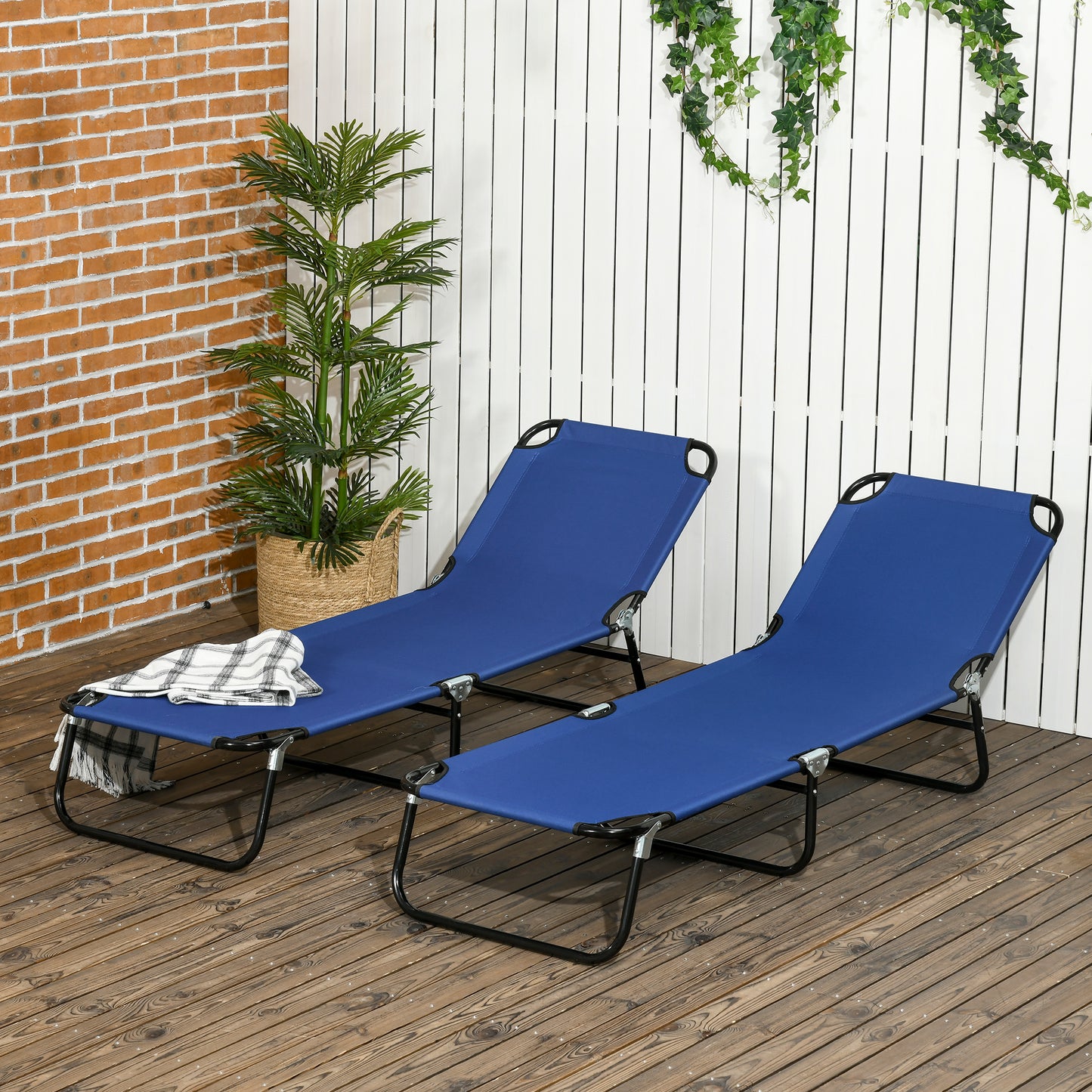 Set of Two Metal Frame Folding Sun Loungers