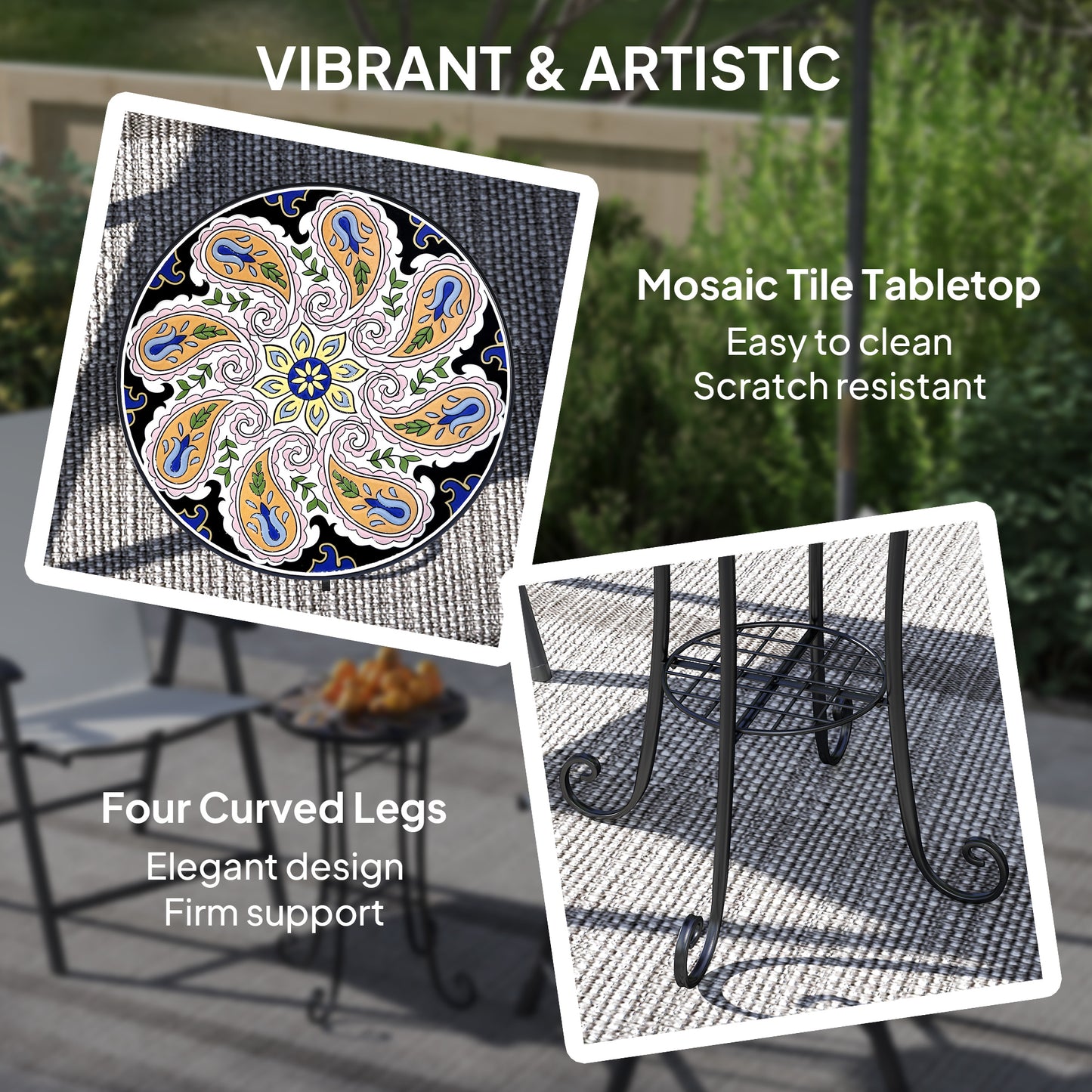 Mosaic Garden Table, 35.5 cm Round Outdoor Table with Shelf