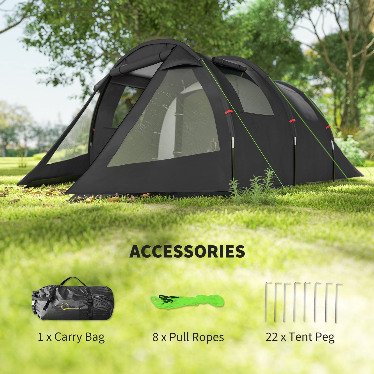 3-4 Man Tunnel Tent, Two Room Camping Tent with Windows