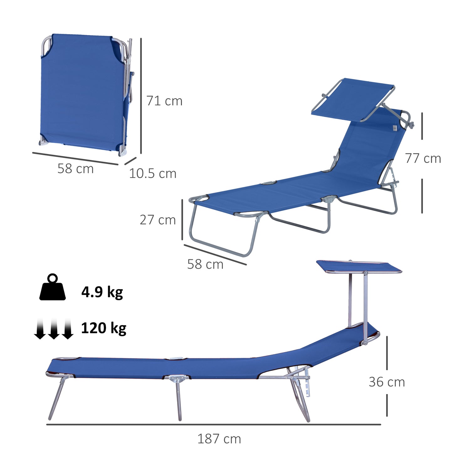 Single Sun Lounger, with Awning and Reclining Back
