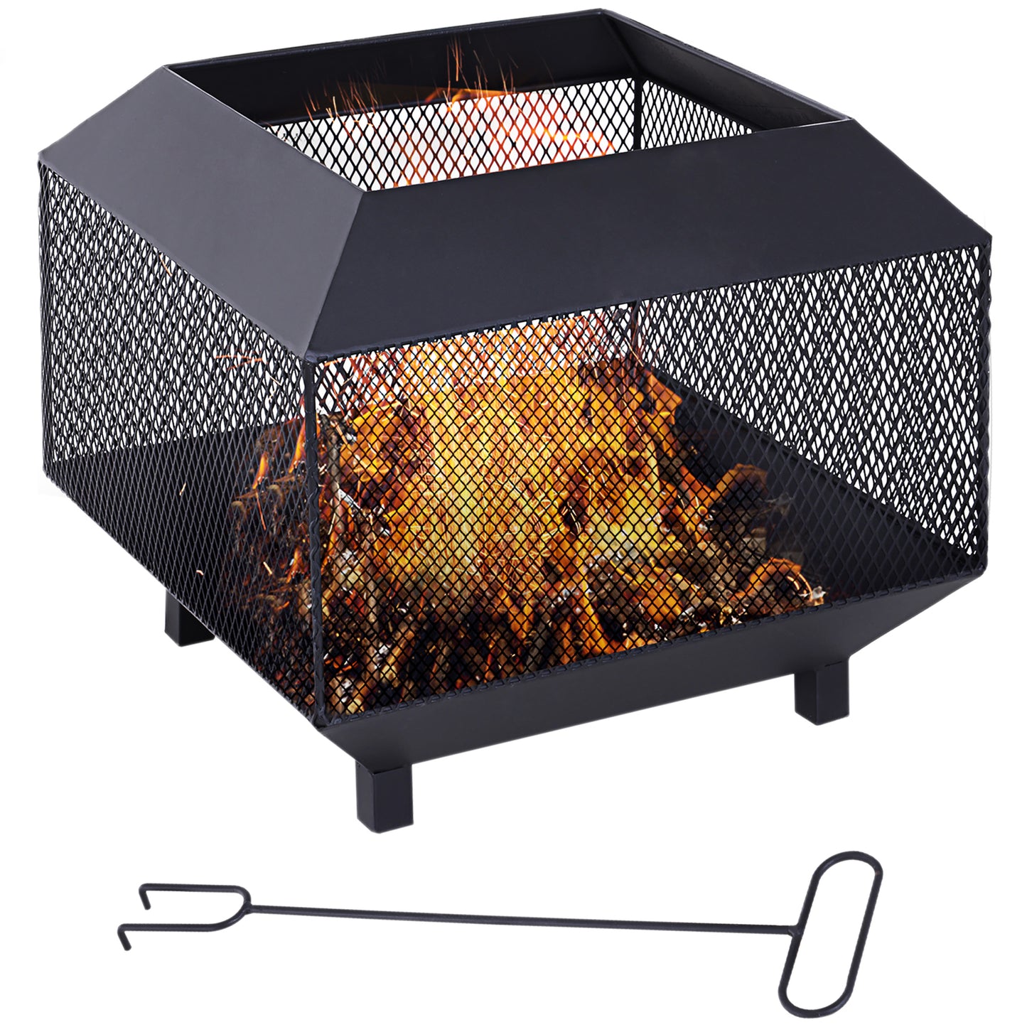 Metal Square Fire Pit Outdoor Mesh Firepit Brazier w/ Lid, Log Grate