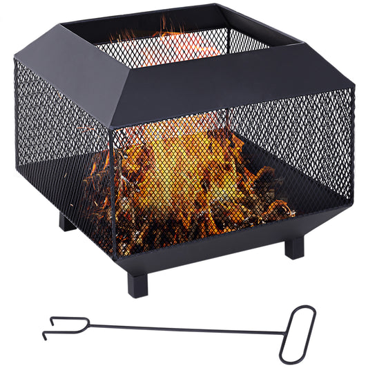 Metal Square Fire Pit Outdoor Mesh Firepit Brazier w/ Lid, Log Grate