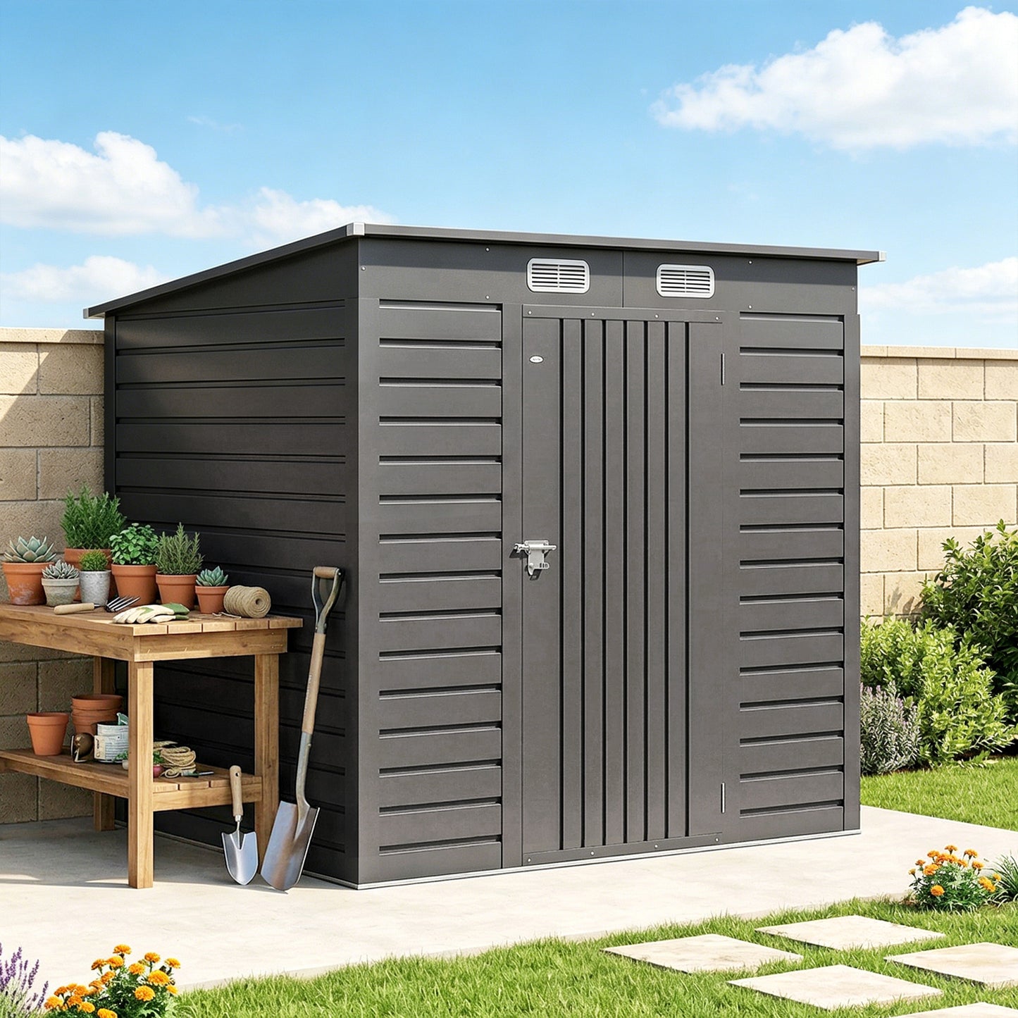 4 x 6ft Galvanised Metal Garden Shed, with Locking Door