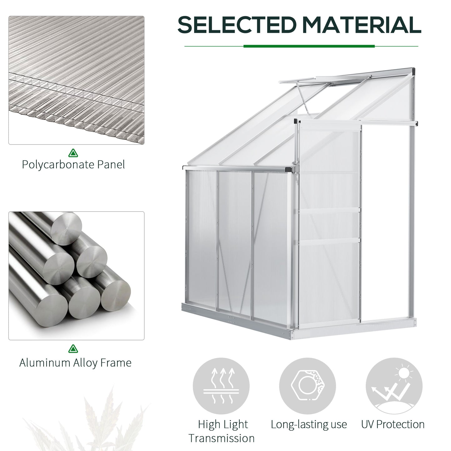 6 x 4ft Lean to Wall Polycarbonate Greenhouse Aluminium Walk-in
