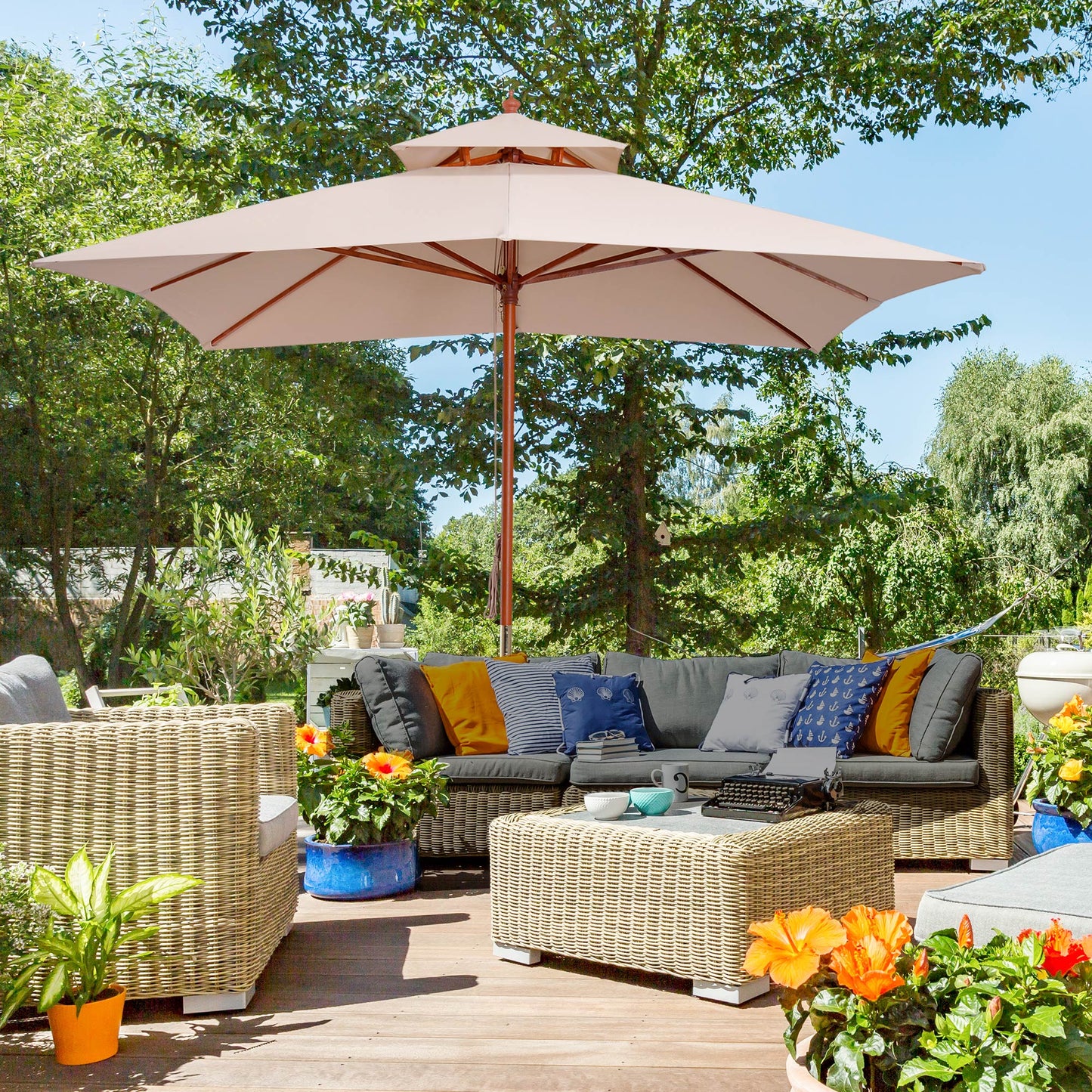 3 x 3 metre Patio Parasol Garden Umbrellas Sunshade Outdoor Wooden (1)