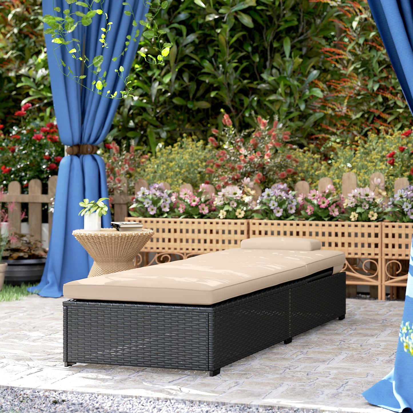 Rattan Sun Lounger with 5-Level Reclining Back Side Tray and Cushion