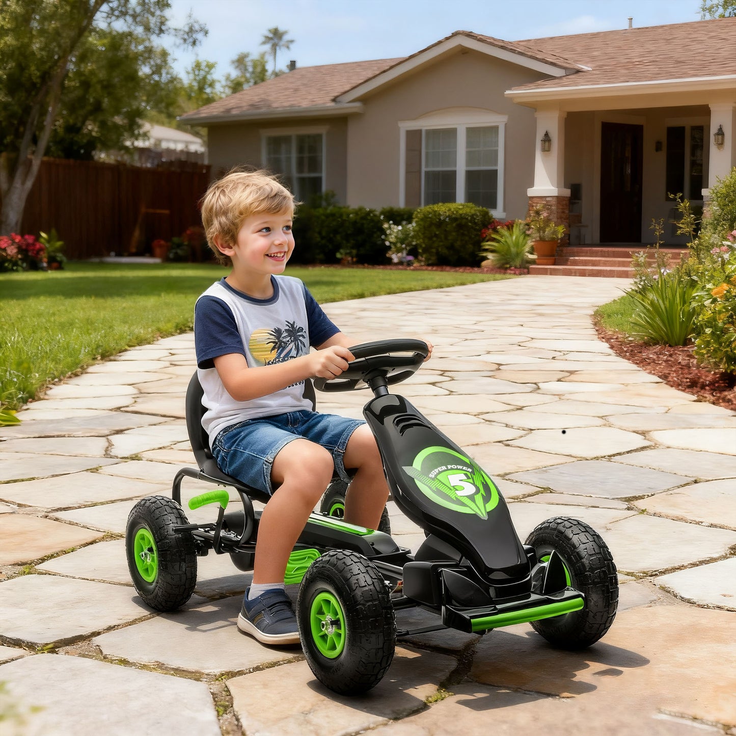 Kids Pedal Go Kart, with Adjustable Seat, Inflatable Tyres