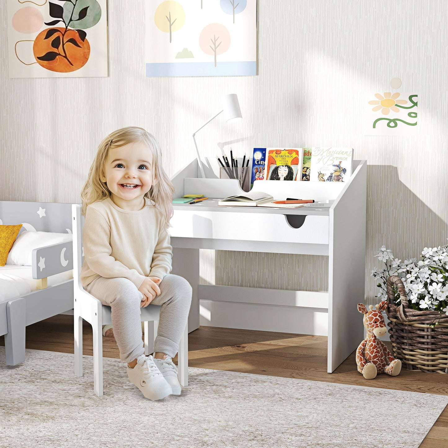 Children Study Table and Chair, Kids Desk and Chair Set with Storage