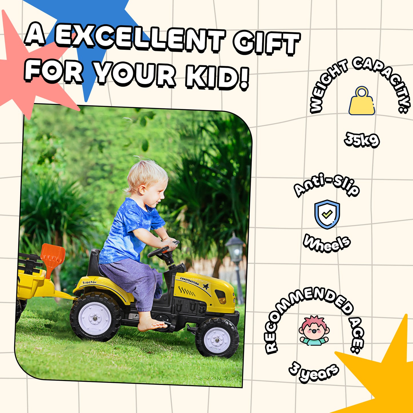 Kids Ride on Tractor with Back Trailer, Shovel & Rake, Horn