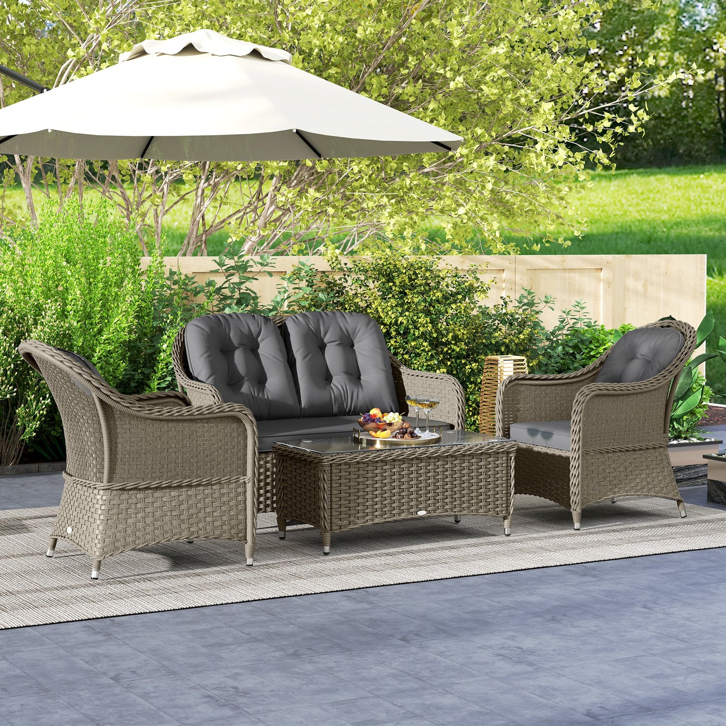 Four-Piece Rattan Sofa Set, with Glass-Top Table