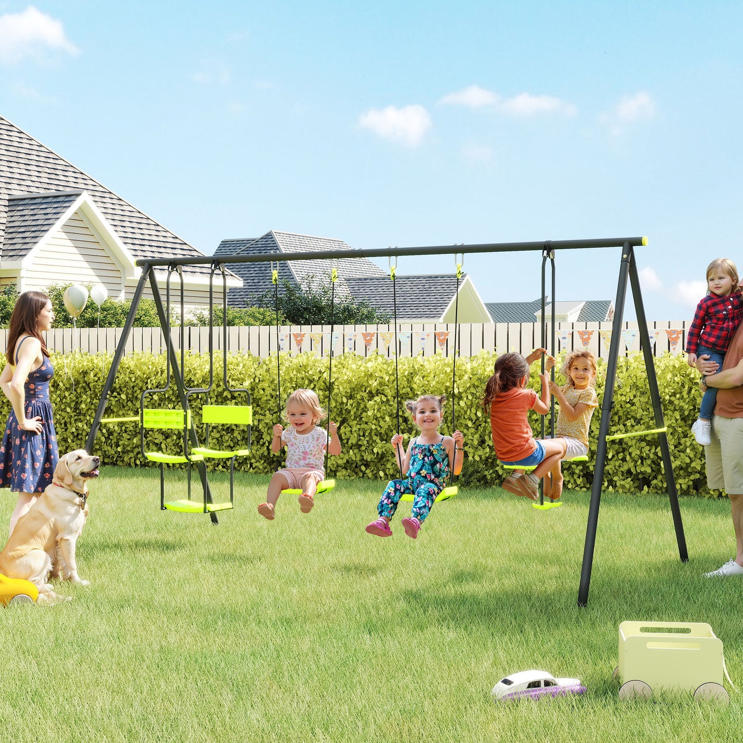 Metal Garden Swing Set with Double Swings, Glider, Swing Seats