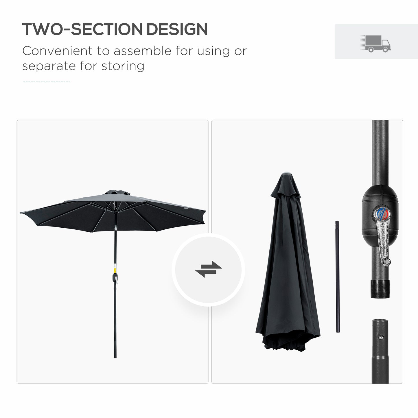 3(m) Tilting Parasol Garden Umbrellas, Outdoor Sun Shade with 8 Ribs