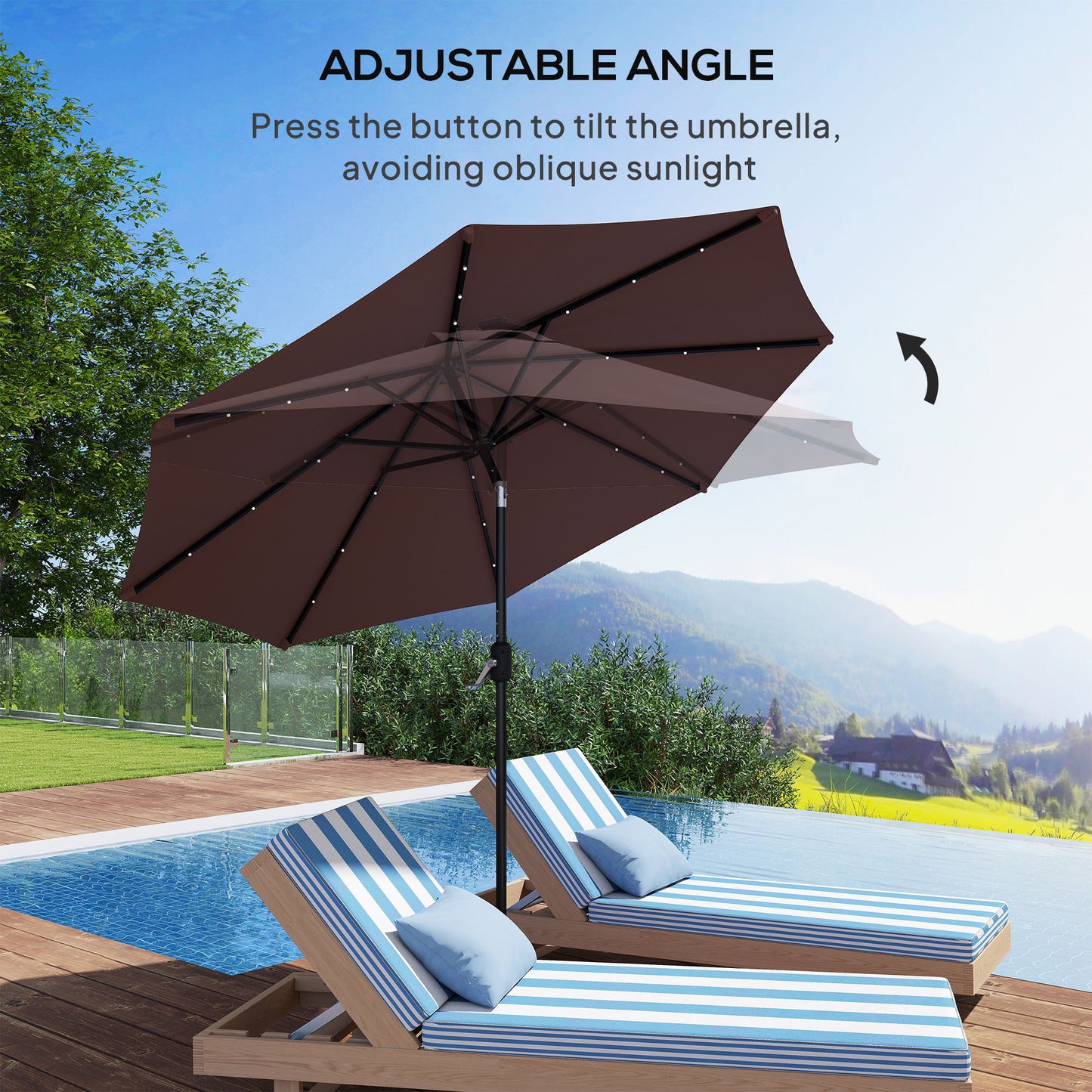 Φ2.7m Garden 24 LED Light Parasol Solar Outdoor Tilt Sun Umbrella